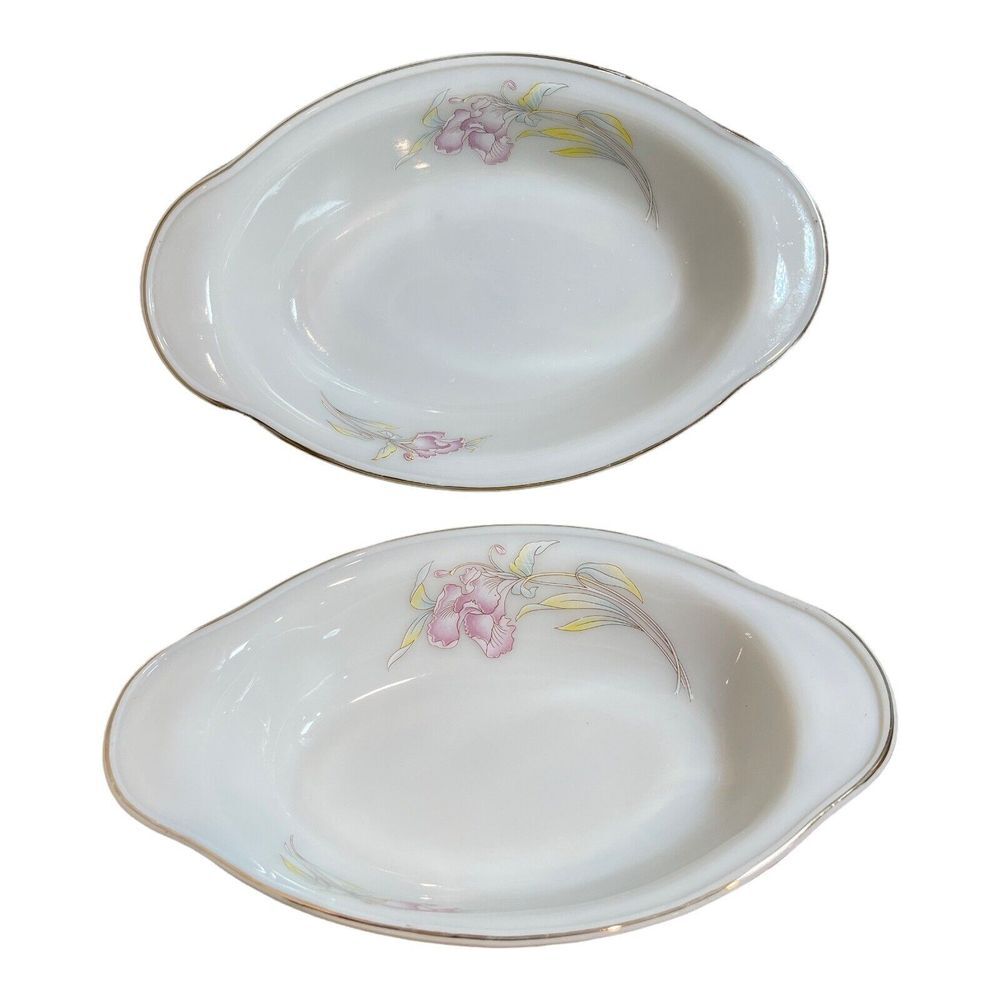 VTG Pair Acropal France Relish Dishes 10.5 Inch Victoria Oval Milk Glass Floral